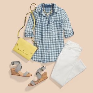 Chambray Gingham Fitted Plaid Button Down Shirt